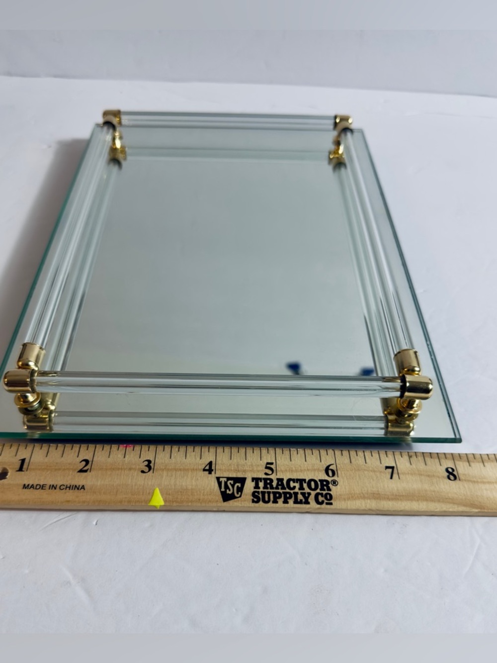 Vintage vanity dresser tray, mirrored base, glass railing, and brass accents. - Picture 3 of 8